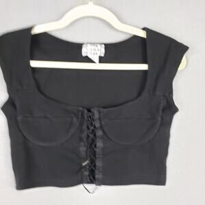 Y2K Via Max M Lattice Front Bustier Crop Top Black Punk Alternative Steampunk